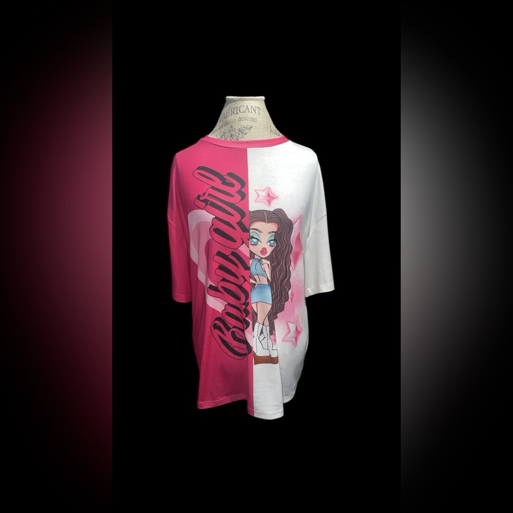 Charming Pink and White Oversized Graphic Tee